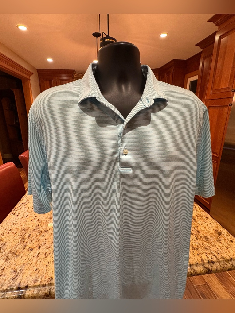 johnnie-O men’s golf polo. Sharp teal/white micro stripe with iconic logo. XL